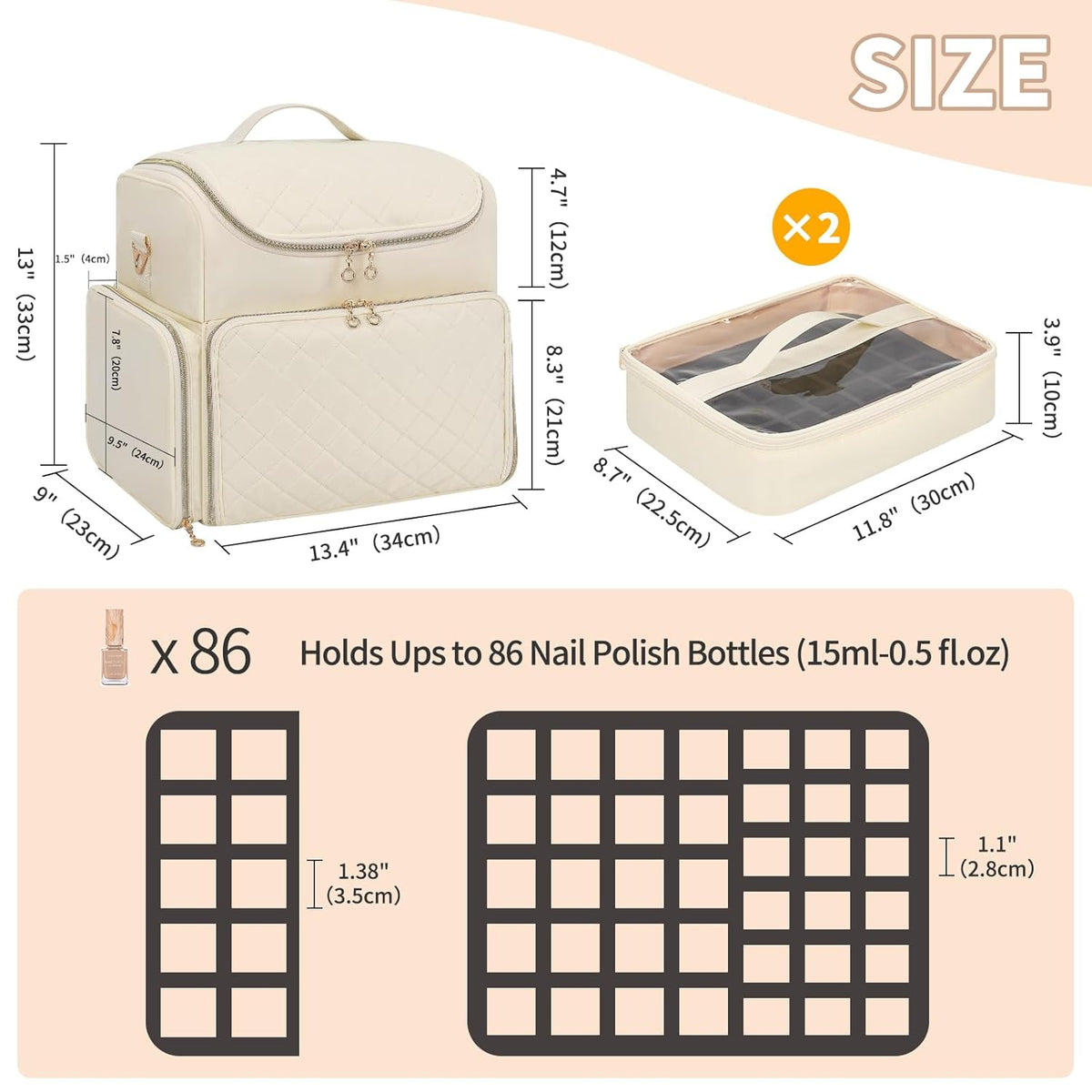 Extra Large Nail Polish Organizer Backpack, Nail Storage Bag | Holds 86 to 100+ Bottles, Full Size Lamp Compatible, 2 Removable Pouches, Portable Travel Case, For Nail Tech Kit