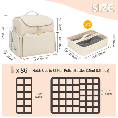 Extra Large Nail Polish Organizer Backpack, Nail Storage Bag | Holds 86 to 100+ Bottles, Full Size Lamp Compatible, 2 Removable Pouches, Portable Travel Case, For Nail Tech Kit