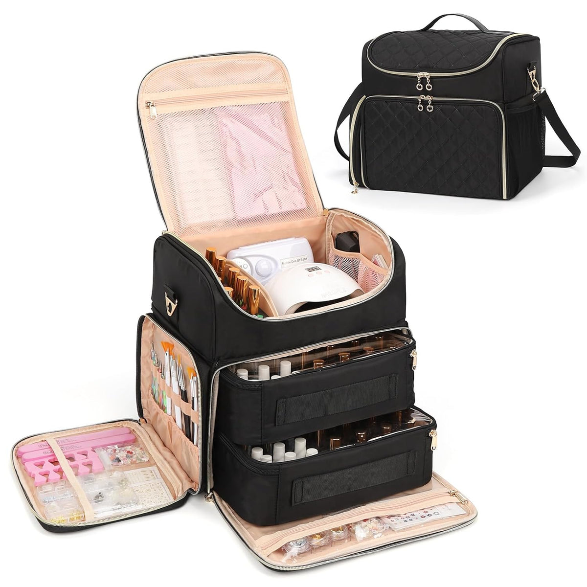 Extra Large Nail Polish Organizer Backpack, Nail Storage Bag | Holds 86 to 100+ Bottles, Full Size Lamp Compatible, 2 Removable Pouches, Portable Travel Case, For Nail Tech Kit