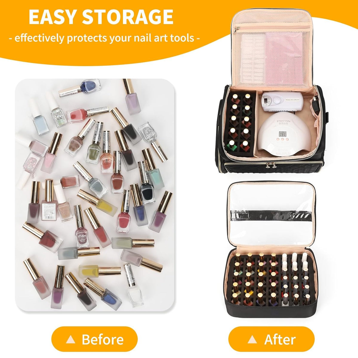 Extra Large Nail Polish Organizer Backpack, Nail Storage Bag | Holds 86 to 100+ Bottles, Full Size Lamp Compatible, 2 Removable Pouches, Portable Travel Case, For Nail Tech Kit