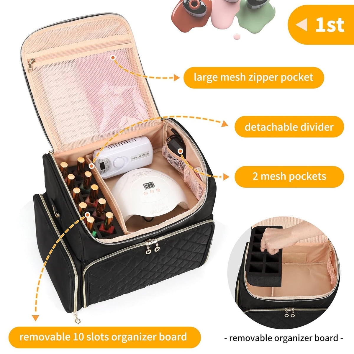 Extra Large Nail Polish Organizer Backpack, Nail Storage Bag | Holds 86 to 100+ Bottles, Full Size Lamp Compatible, 2 Removable Pouches, Portable Travel Case, For Nail Tech Kit