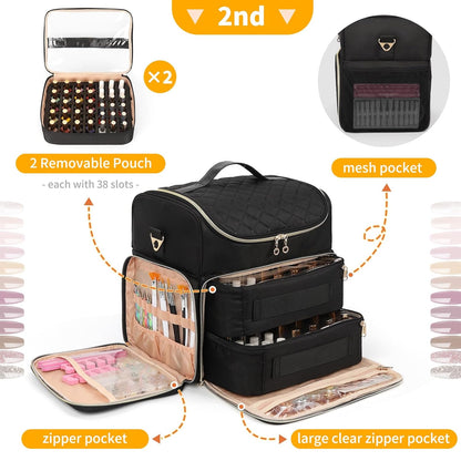 Extra Large Nail Polish Organizer Backpack, Nail Storage Bag | Holds 86 to 100+ Bottles, Full Size Lamp Compatible, 2 Removable Pouches, Portable Travel Case, For Nail Tech Kit