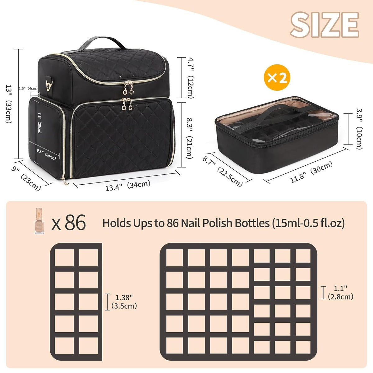 Extra Large Nail Polish Organizer Backpack, Nail Storage Bag | Holds 86 to 100+ Bottles, Full Size Lamp Compatible, 2 Removable Pouches, Portable Travel Case, For Nail Tech Kit