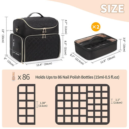 Extra Large Nail Polish Organizer Backpack, Nail Storage Bag | Holds 86 to 100+ Bottles, Full Size Lamp Compatible, 2 Removable Pouches, Portable Travel Case, For Nail Tech Kit