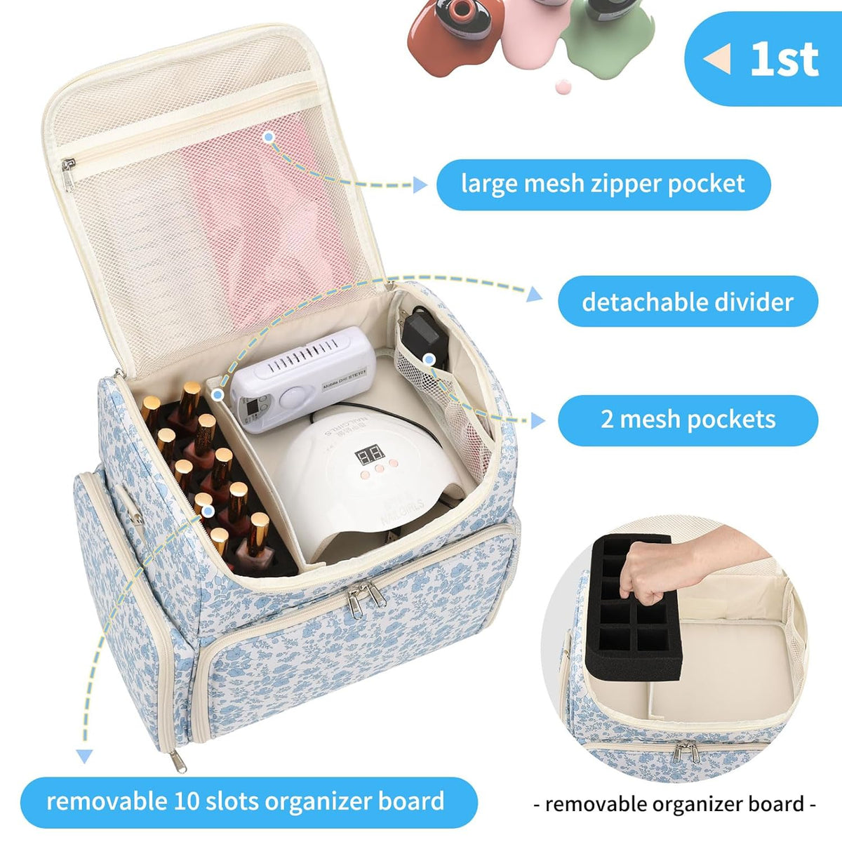 Extra Large Nail Polish Organizer Backpack, Nail Storage Bag | Holds 86 to 100+ Bottles, Full Size Lamp Compatible, 2 Removable Pouches, Portable Travel Case, For Nail Tech Kit