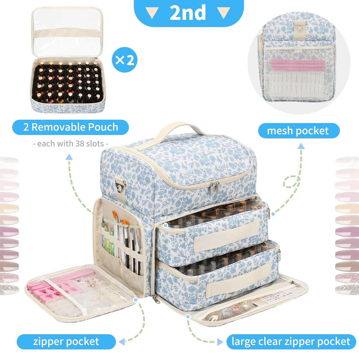 Extra Large Nail Polish Organizer Backpack, Nail Storage Bag | Holds 86 to 100+ Bottles, Full Size Lamp Compatible, 2 Removable Pouches, Portable Travel Case, For Nail Tech Kit