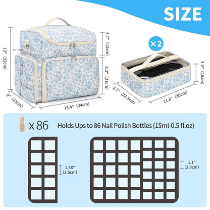 Extra Large Nail Polish Organizer Backpack, Nail Storage Bag | Holds 86 to 100+ Bottles, Full Size Lamp Compatible, 2 Removable Pouches, Portable Travel Case, For Nail Tech Kit