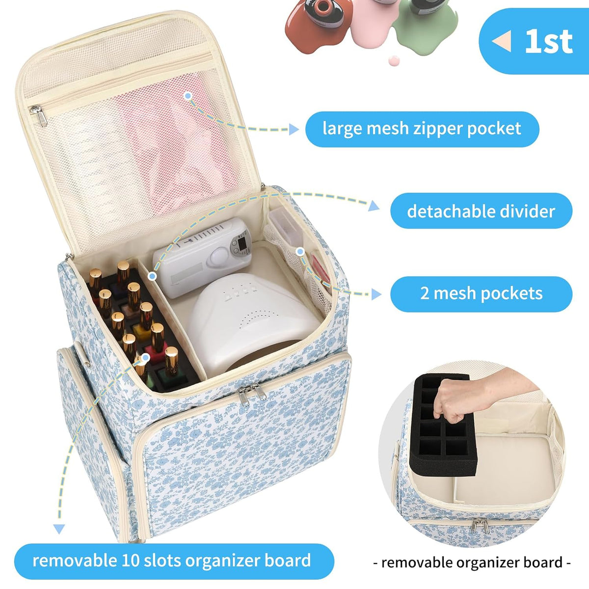 Extra Large Nail Polish Organizer Backpack, Nail Storage Bag | Holds 86 to 100+ Bottles, Full Size Lamp Compatible, 2 Removable Pouches, Portable Travel Case, For Nail Tech Kit