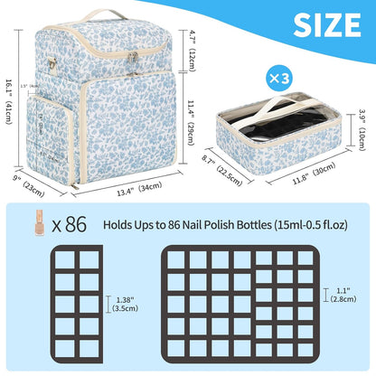 Extra Large Nail Polish Organizer Backpack, Nail Storage Bag | Holds 86 to 100+ Bottles, Full Size Lamp Compatible, 2 Removable Pouches, Portable Travel Case, For Nail Tech Kit