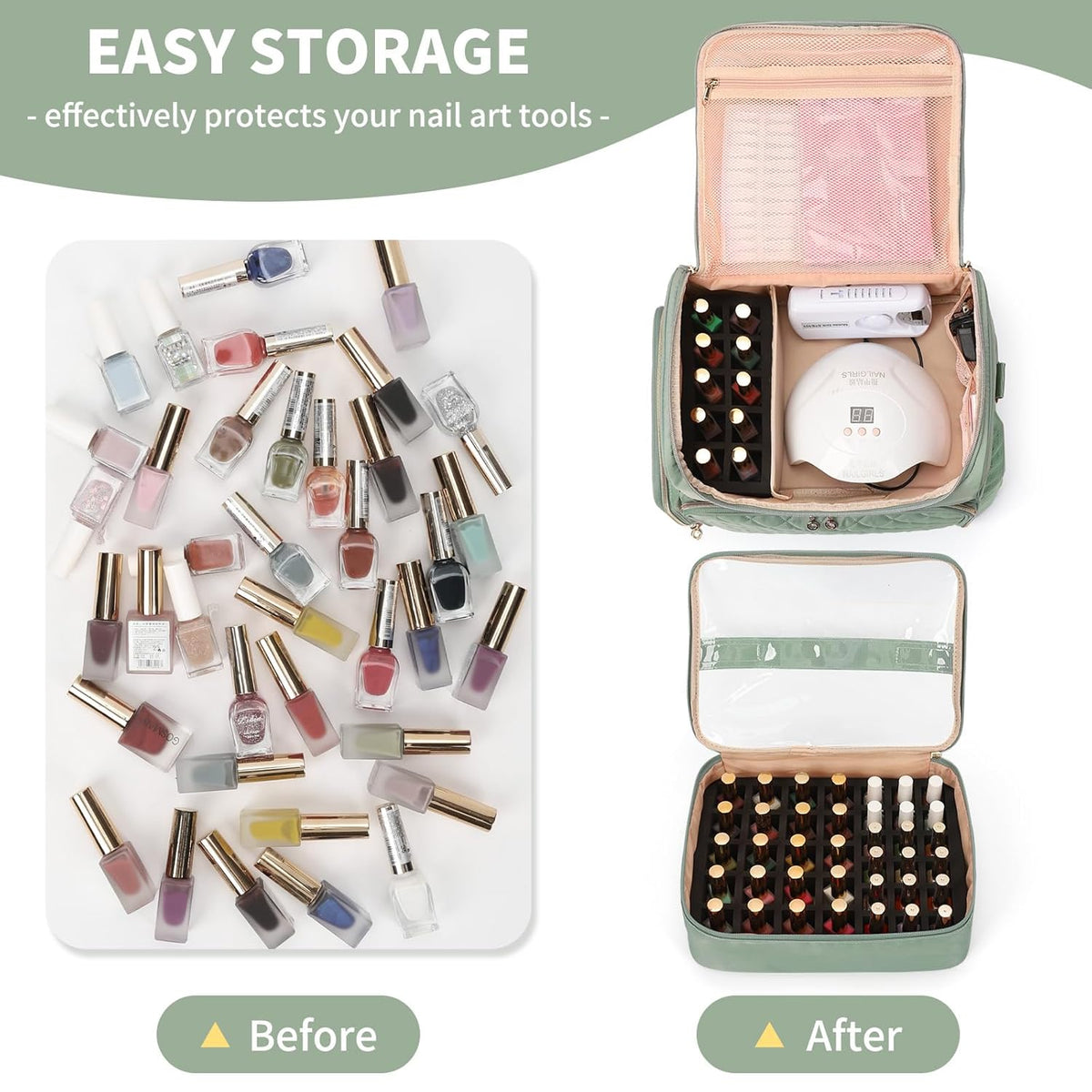 Extra Large Nail Polish Organizer Backpack, Nail Storage Bag | Holds 86 to 100+ Bottles, Full Size Lamp Compatible, 2 Removable Pouches, Portable Travel Case, For Nail Tech Kit