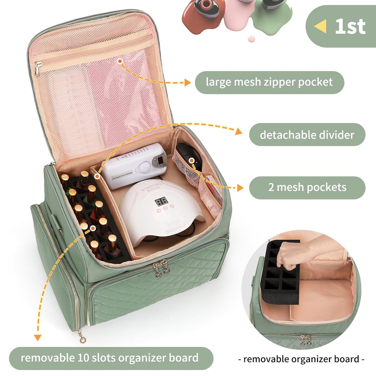 Extra Large Nail Polish Organizer Backpack, Nail Storage Bag | Holds 86 to 100+ Bottles, Full Size Lamp Compatible, 2 Removable Pouches, Portable Travel Case, For Nail Tech Kit