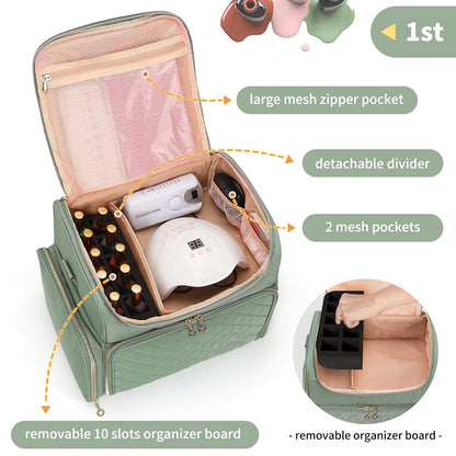 Extra Large Nail Polish Organizer Backpack, Nail Storage Bag | Holds 86 to 100+ Bottles, Full Size Lamp Compatible, 2 Removable Pouches, Portable Travel Case, For Nail Tech Kit