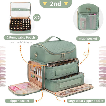 Extra Large Nail Polish Organizer Backpack, Nail Storage Bag | Holds 86 to 100+ Bottles, Full Size Lamp Compatible, 2 Removable Pouches, Portable Travel Case, For Nail Tech Kit