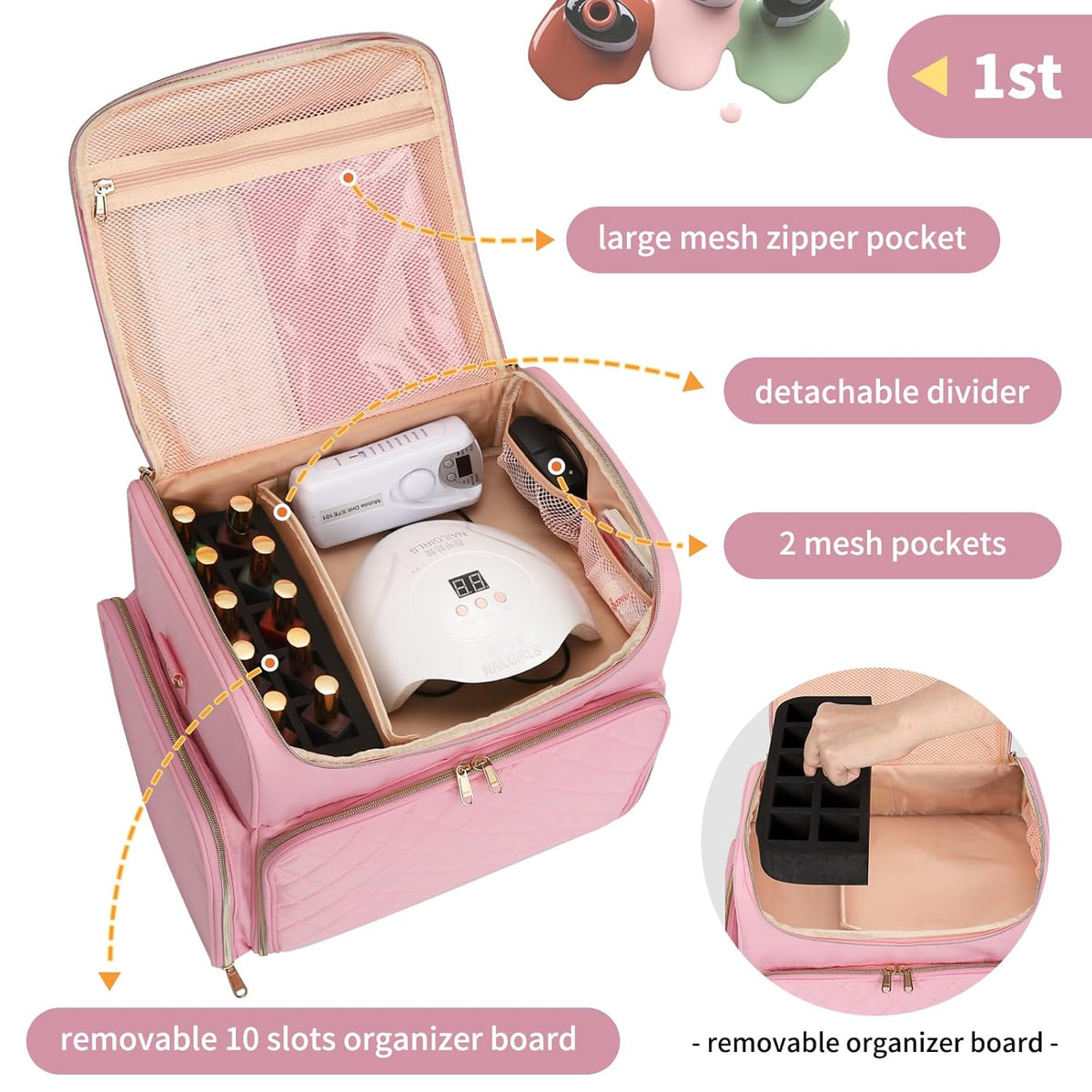 Extra Large Nail Polish Organizer Backpack, Nail Storage Bag | Holds 86 to 100+ Bottles, Full Size Lamp Compatible, 2 Removable Pouches, Portable Travel Case, For Nail Tech Kit