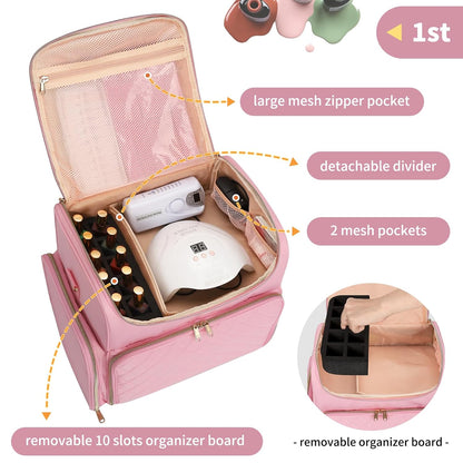 Extra Large Nail Polish Organizer Backpack, Nail Storage Bag | Holds 86 to 100+ Bottles, Full Size Lamp Compatible, 2 Removable Pouches, Portable Travel Case, For Nail Tech Kit