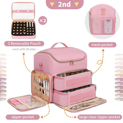 Extra Large Nail Polish Organizer Backpack, Nail Storage Bag | Holds 86 to 100+ Bottles, Full Size Lamp Compatible, 2 Removable Pouches, Portable Travel Case, For Nail Tech Kit