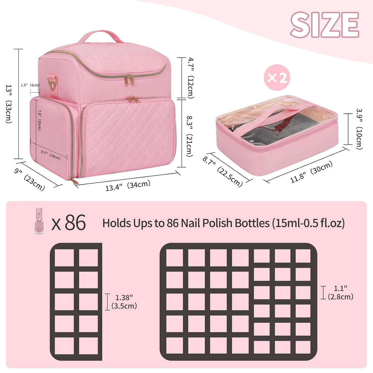 Extra Large Nail Polish Organizer Backpack, Nail Storage Bag | Holds 86 to 100+ Bottles, Full Size Lamp Compatible, 2 Removable Pouches, Portable Travel Case, For Nail Tech Kit
