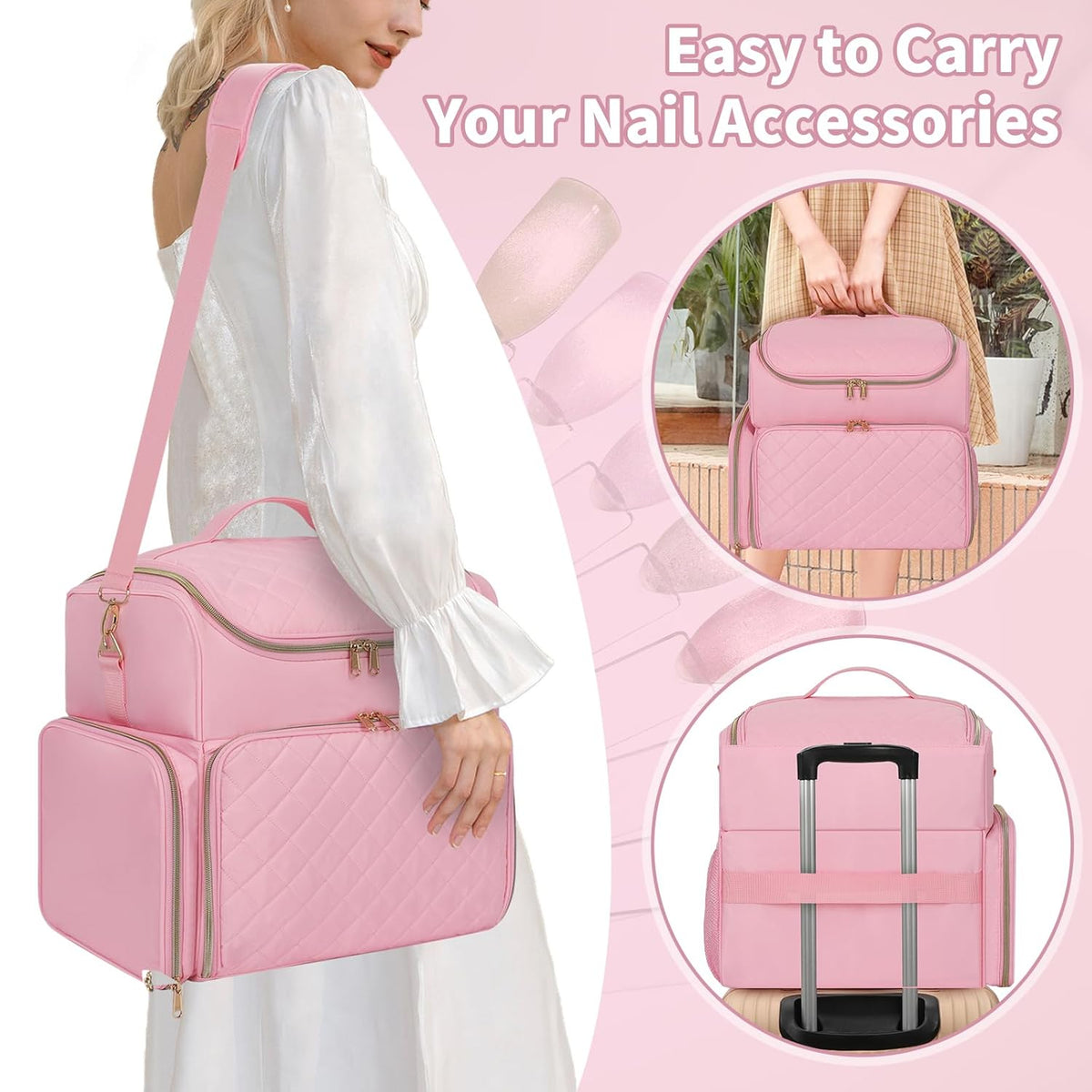 Extra Large Nail Polish Organizer Backpack, Nail Storage Bag | Holds 86 to 100+ Bottles, Full Size Lamp Compatible, 2 Removable Pouches, Portable Travel Case, For Nail Tech Kit