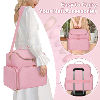 Extra Large Nail Polish Organizer Backpack, Nail Storage Bag | Holds 86 to 100+ Bottles, Full Size Lamp Compatible, 2 Removable Pouches, Portable Travel Case, For Nail Tech Kit