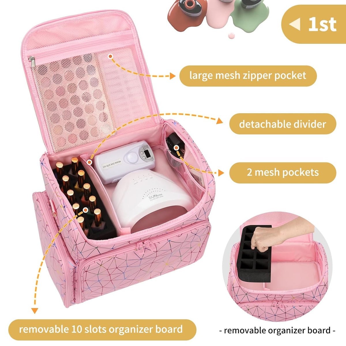 Extra Large Nail Polish Organizer Backpack, Nail Storage Bag | Holds 86 to 100+ Bottles, Full Size Lamp Compatible, 2 Removable Pouches, Portable Travel Case, For Nail Tech Kit