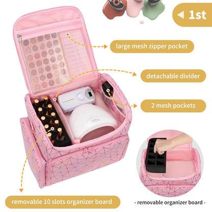Extra Large Nail Polish Organizer Backpack, Nail Storage Bag | Holds 86 to 100+ Bottles, Full Size Lamp Compatible, 2 Removable Pouches, Portable Travel Case, For Nail Tech Kit