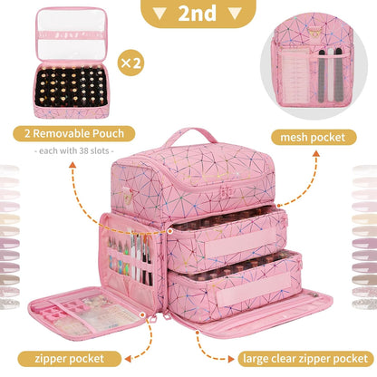 Extra Large Nail Polish Organizer Backpack, Nail Storage Bag | Holds 86 to 100+ Bottles, Full Size Lamp Compatible, 2 Removable Pouches, Portable Travel Case, For Nail Tech Kit