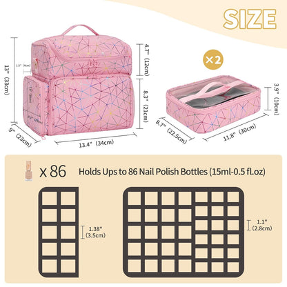 Extra Large Nail Polish Organizer Backpack, Nail Storage Bag | Holds 86 to 100+ Bottles, Full Size Lamp Compatible, 2 Removable Pouches, Portable Travel Case, For Nail Tech Kit