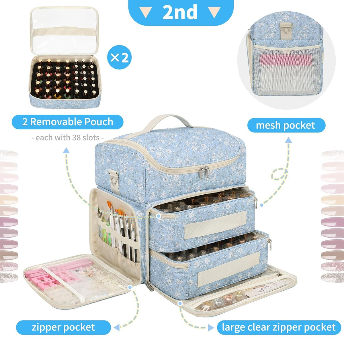 Extra Large Nail Polish Organizer Backpack, Nail Storage Bag | Holds 86 to 100+ Bottles, Full Size Lamp Compatible, 2 Removable Pouches, Portable Travel Case, For Nail Tech Kit
