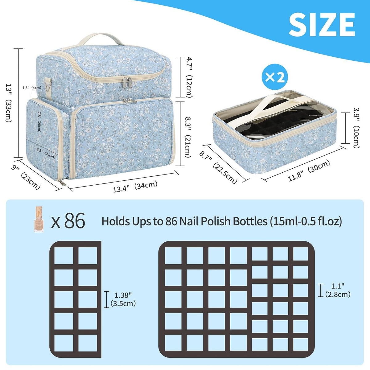 Extra Large Nail Polish Organizer Backpack, Nail Storage Bag | Holds 86 to 100+ Bottles, Full Size Lamp Compatible, 2 Removable Pouches, Portable Travel Case, For Nail Tech Kit