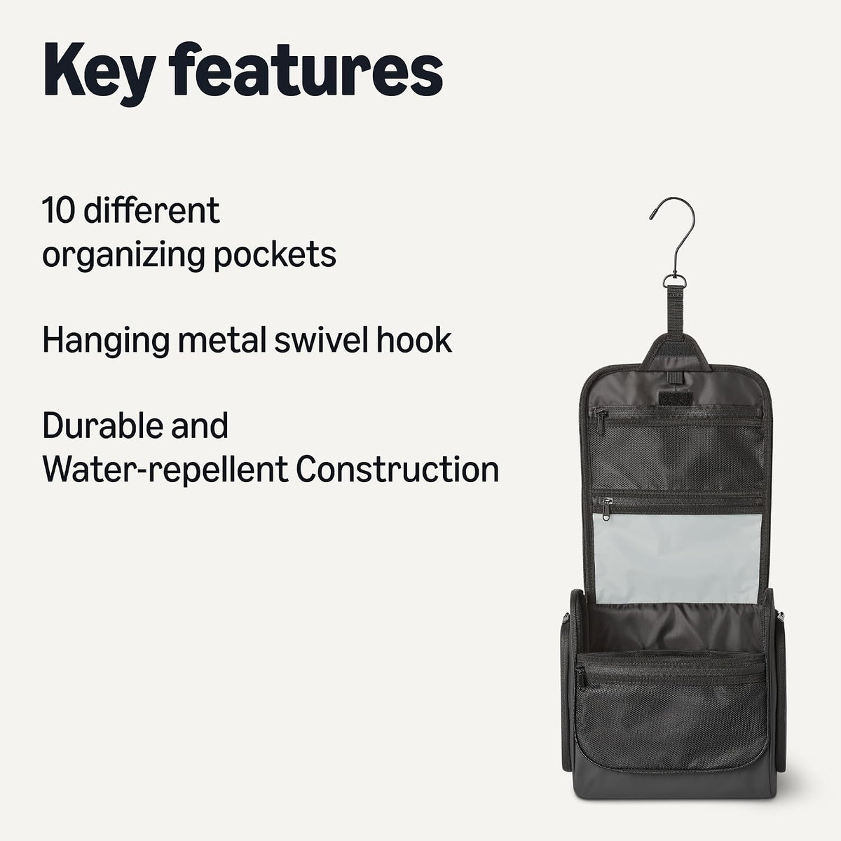 Waterproof Travel Toiletry Bag for Men and Women, Hanging Dopp Kit with Multiple Interior Pockets, 2 Side Pockets, Black, 10" x 4" x 10"