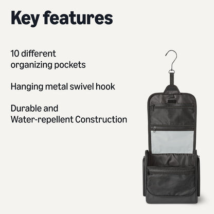 Waterproof Travel Toiletry Bag for Men and Women, Hanging Dopp Kit with Multiple Interior Pockets, 2 Side Pockets, Black, 10" x 4" x 10"