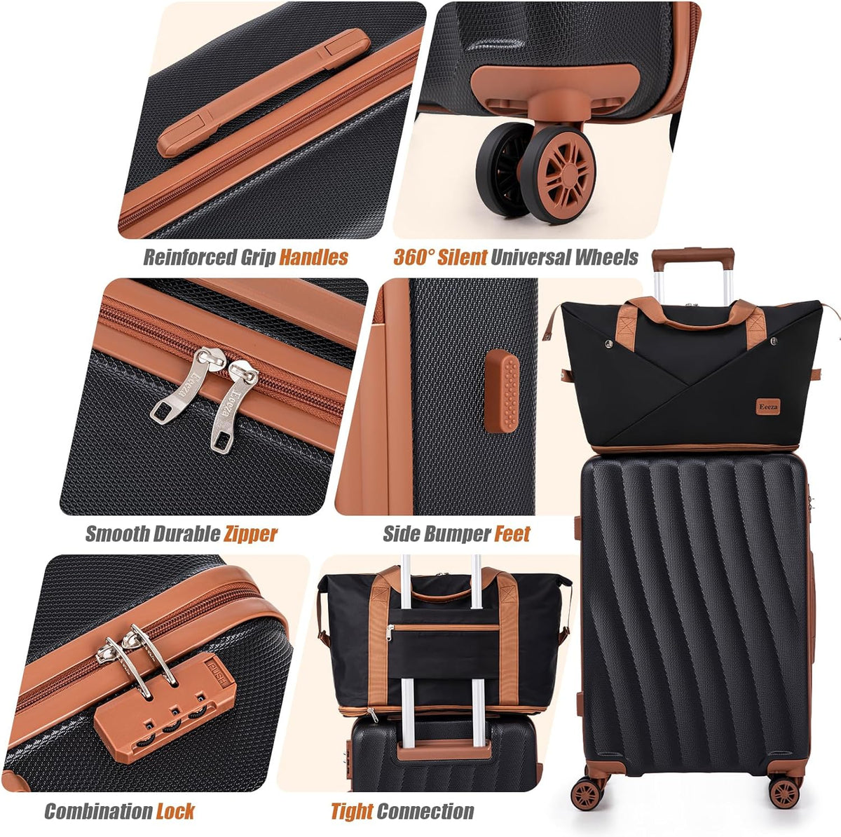 Carry on Luggage Sets 22x14x9 Airline Approved Durable Travel Luggage Suitcases with Wheels,ABS Hard Case Suitcases with Spinner Wheels,(Orange, Sets(20"/DB/TB))