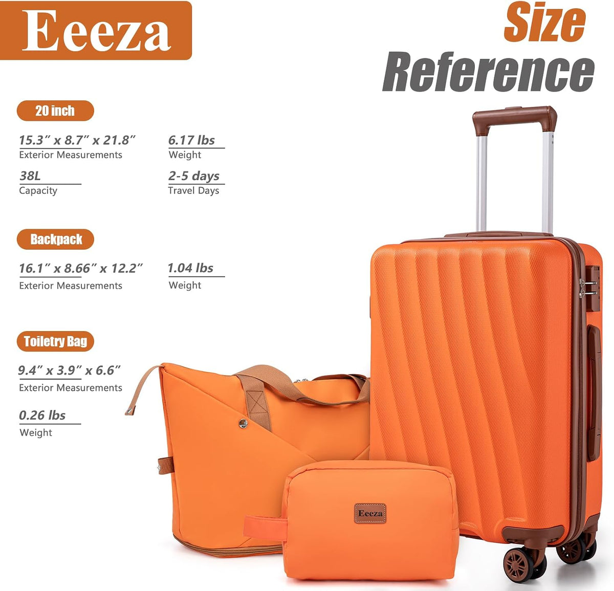 Carry on Luggage Sets 22x14x9 Airline Approved Durable Travel Luggage Suitcases with Wheels,ABS Hard Case Suitcases with Spinner Wheels,(Orange, Sets(20"/DB/TB))
