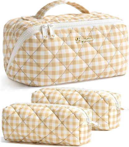 Travel Makeup Bag, 3 Pcs Large Capacity Puffy Toiletry Bag for Women, Open Flat Quilted Make up Cosmetic Organizer w/Handle & Clear Divider Water-resistant Portable Pouch Travel Essentials, L-Oatmeal