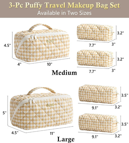 Travel Makeup Bag, 3 Pcs Large Capacity Puffy Toiletry Bag for Women, Open Flat Quilted Make up Cosmetic Organizer w/Handle & Clear Divider Water-resistant Portable Pouch Travel Essentials, L-Oatmeal