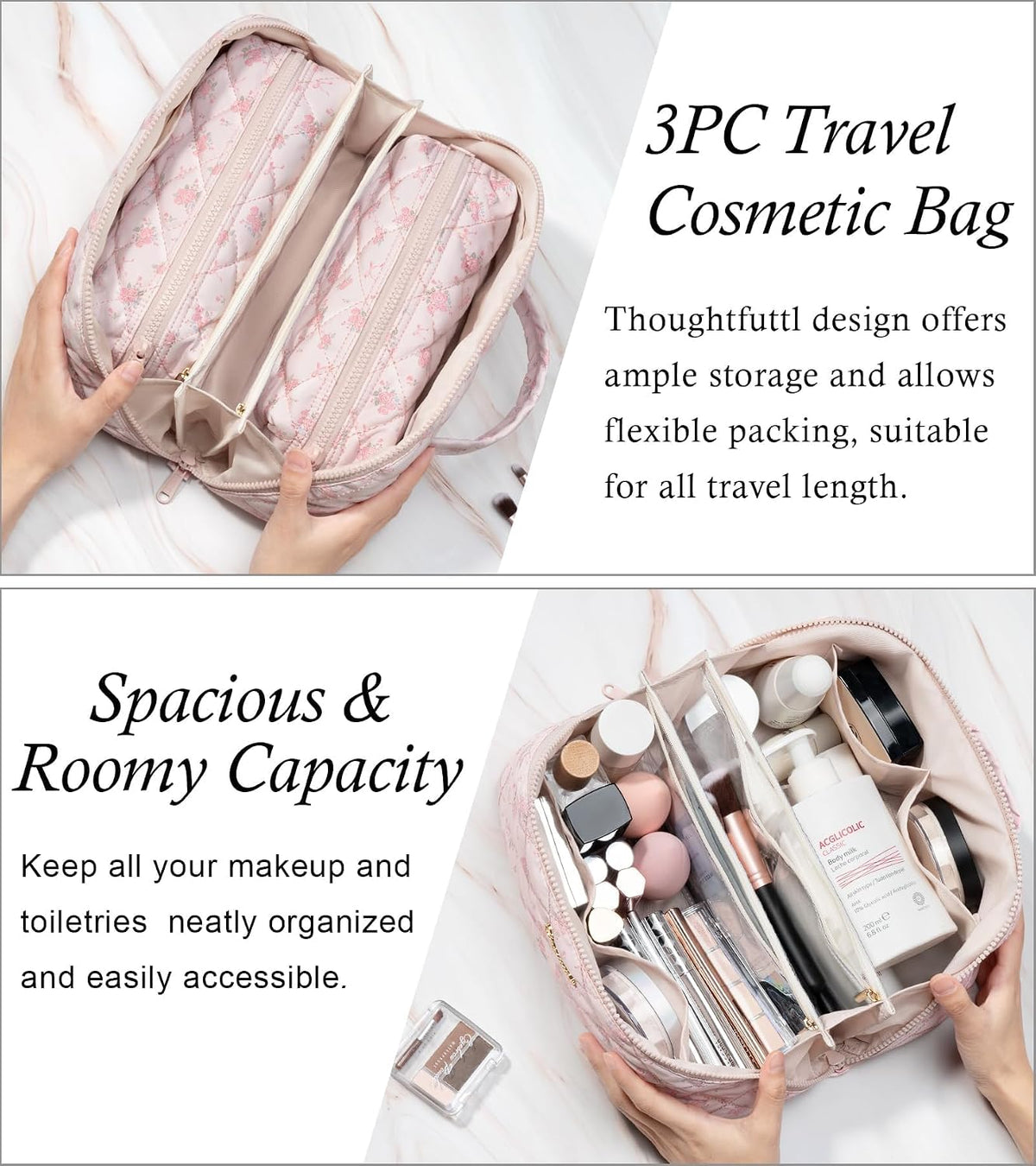 Travel Makeup Bag, 3 Pcs Large Capacity Puffy Toiletry Bag for Women, Open Flat Quilted Make up Cosmetic Organizer w/Handle & Clear Divider Water-resistant Portable Pouch Travel Essentials, L-Oatmeal