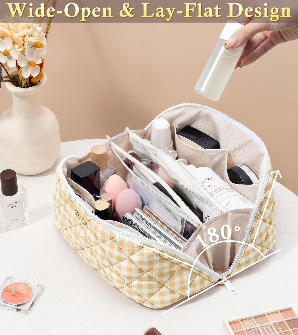 Travel Makeup Bag, 3 Pcs Large Capacity Puffy Toiletry Bag for Women, Open Flat Quilted Make up Cosmetic Organizer w/Handle & Clear Divider Water-resistant Portable Pouch Travel Essentials, L-Oatmeal