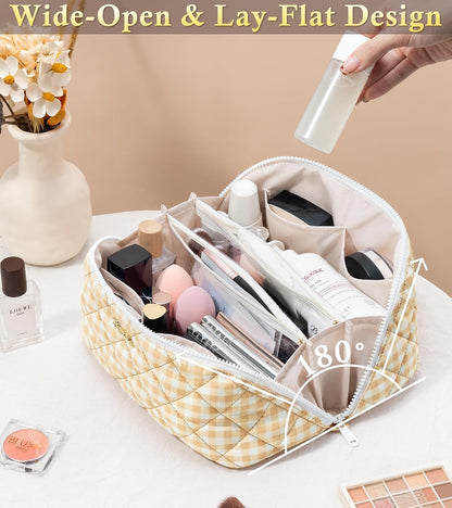 Travel Makeup Bag, 3 Pcs Large Capacity Puffy Toiletry Bag for Women, Open Flat Quilted Make up Cosmetic Organizer w/Handle & Clear Divider Water-resistant Portable Pouch Travel Essentials, L-Oatmeal