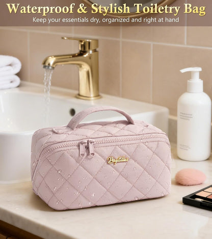 Travel Makeup Bag, 3 Pcs Large Capacity Puffy Toiletry Bag for Women, Open Flat Quilted Make up Cosmetic Organizer w/Handle & Clear Divider Water-resistant Portable Pouch Travel Essentials, L-Oatmeal