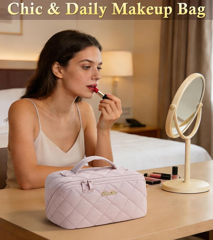 Travel Makeup Bag, 3 Pcs Large Capacity Puffy Toiletry Bag for Women, Open Flat Quilted Make up Cosmetic Organizer w/Handle & Clear Divider Water-resistant Portable Pouch Travel Essentials, L-Oatmeal