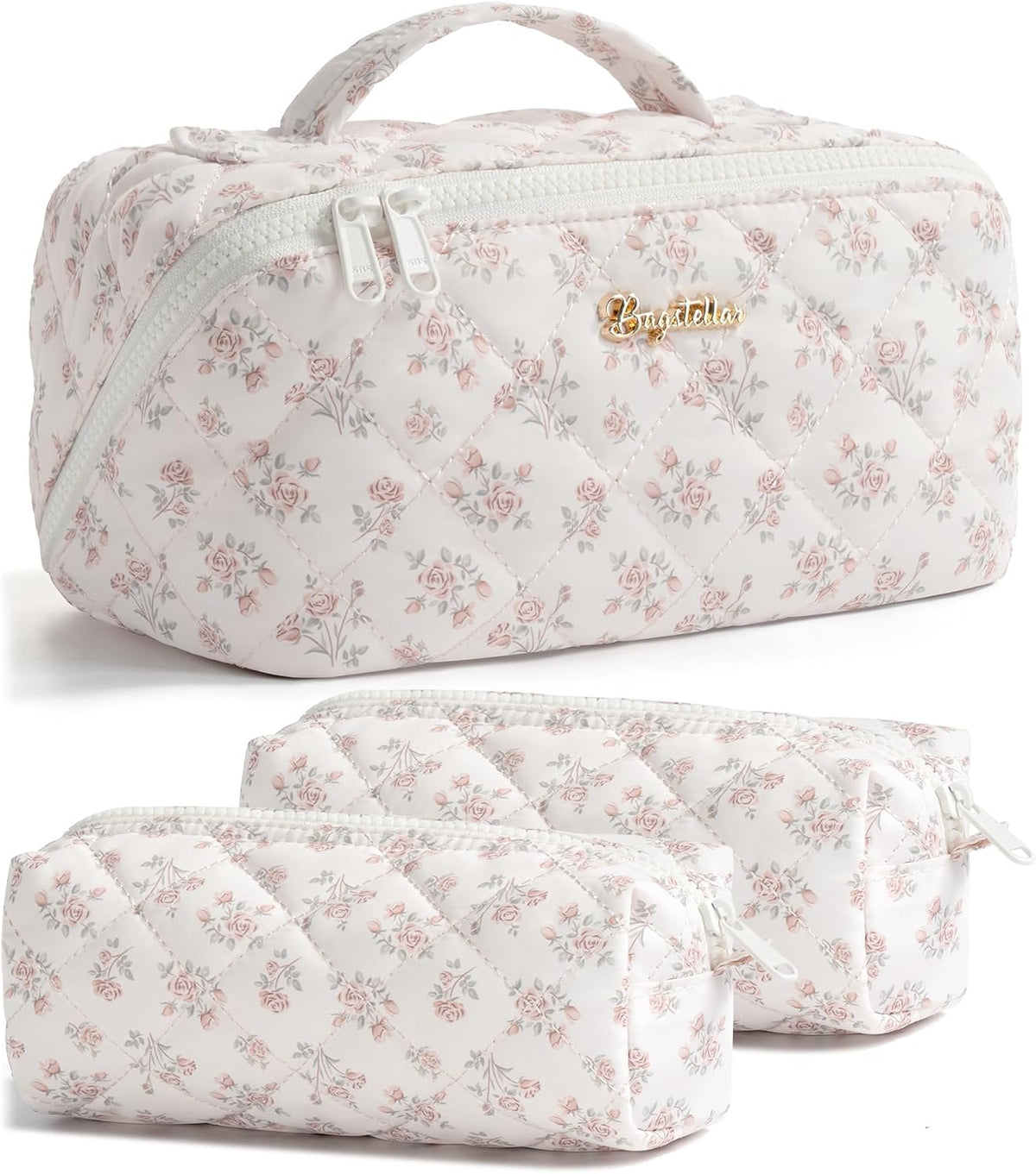 Travel Makeup Bag, 3 Pcs Large Capacity Puffy Toiletry Bag for Women, Open Flat Quilted Make up Cosmetic Organizer w/Handle & Clear Divider Water-resistant Portable Pouch Travel Essentials, L-Oatmeal