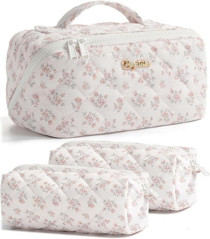Travel Makeup Bag, 3 Pcs Large Capacity Puffy Toiletry Bag for Women, Open Flat Quilted Make up Cosmetic Organizer w/Handle & Clear Divider Water-resistant Portable Pouch Travel Essentials, L-Oatmeal