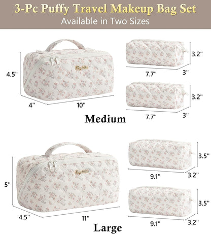 Travel Makeup Bag, 3 Pcs Large Capacity Puffy Toiletry Bag for Women, Open Flat Quilted Make up Cosmetic Organizer w/Handle & Clear Divider Water-resistant Portable Pouch Travel Essentials, L-Oatmeal