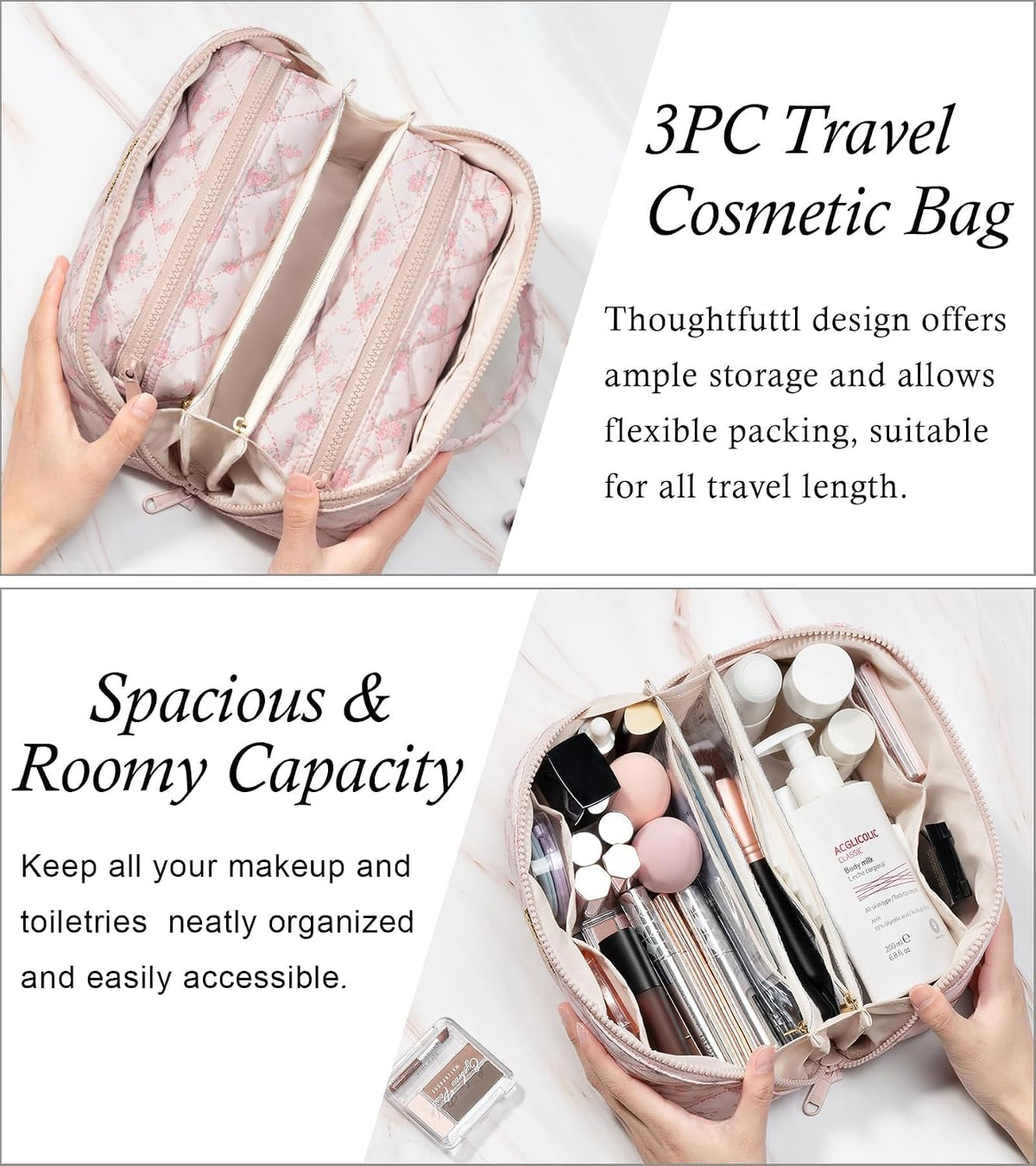 Travel Makeup Bag, 3 Pcs Large Capacity Puffy Toiletry Bag for Women, Open Flat Quilted Make up Cosmetic Organizer w/Handle & Clear Divider Water-resistant Portable Pouch Travel Essentials, L-Oatmeal