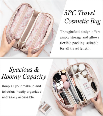 Travel Makeup Bag, 3 Pcs Large Capacity Puffy Toiletry Bag for Women, Open Flat Quilted Make up Cosmetic Organizer w/Handle & Clear Divider Water-resistant Portable Pouch Travel Essentials, L-Oatmeal