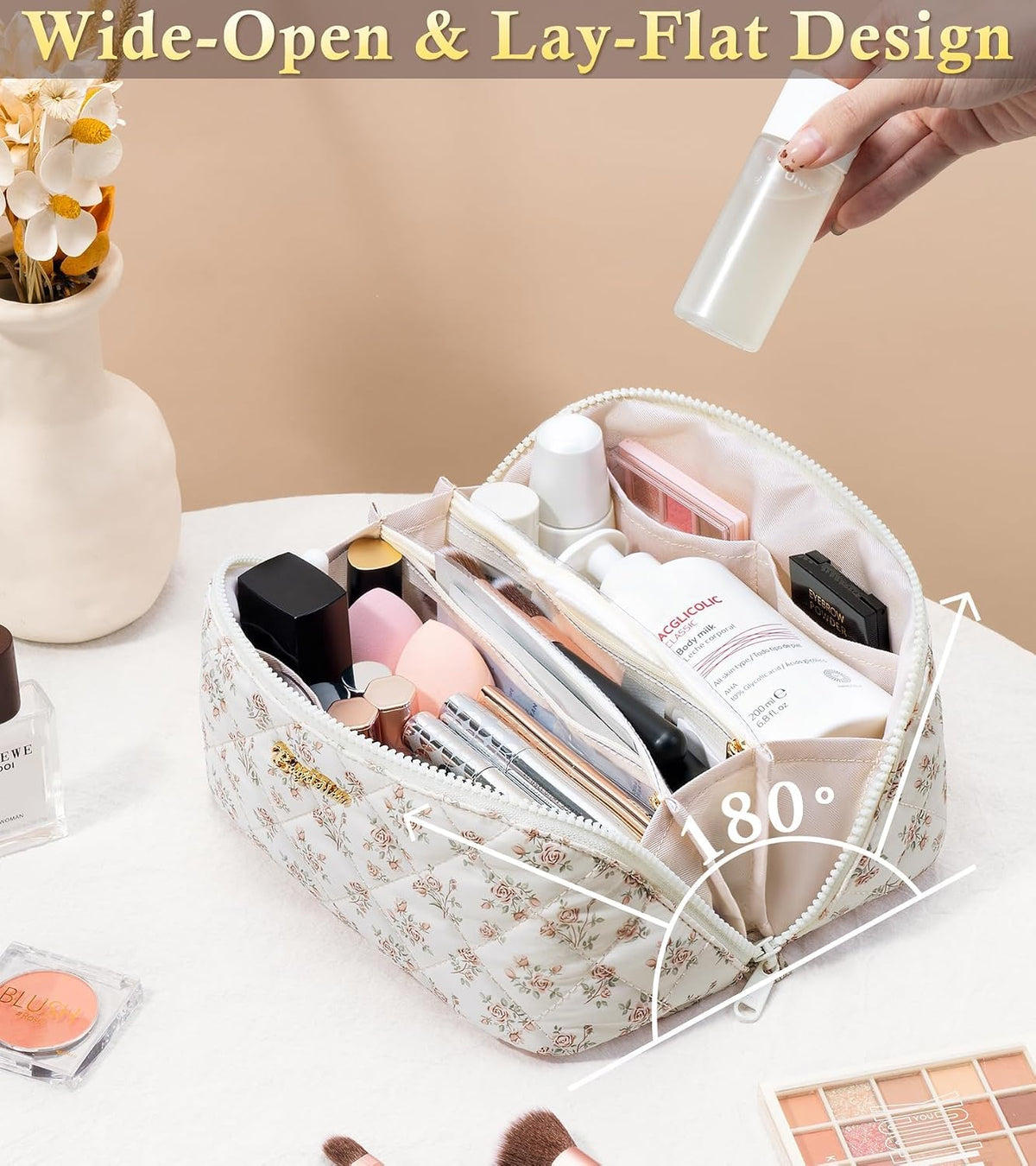 Travel Makeup Bag, 3 Pcs Large Capacity Puffy Toiletry Bag for Women, Open Flat Quilted Make up Cosmetic Organizer w/Handle & Clear Divider Water-resistant Portable Pouch Travel Essentials, L-Oatmeal