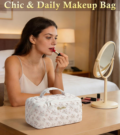Travel Makeup Bag, 3 Pcs Large Capacity Puffy Toiletry Bag for Women, Open Flat Quilted Make up Cosmetic Organizer w/Handle & Clear Divider Water-resistant Portable Pouch Travel Essentials, L-Oatmeal
