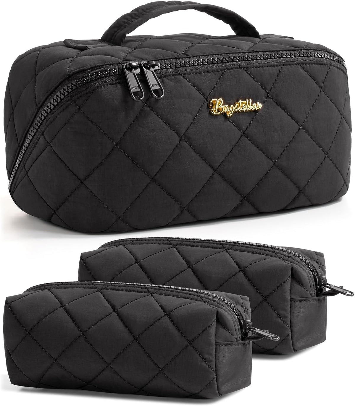 Travel Makeup Bag, 3 Pcs Large Capacity Puffy Toiletry Bag for Women, Open Flat Quilted Make up Cosmetic Organizer w/Handle & Clear Divider Water-resistant Portable Pouch Travel Essentials, L-Oatmeal