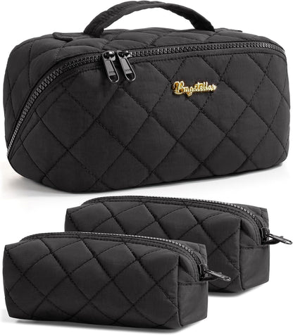 Travel Makeup Bag, 3 Pcs Large Capacity Puffy Toiletry Bag for Women, Open Flat Quilted Make up Cosmetic Organizer w/Handle & Clear Divider Water-resistant Portable Pouch Travel Essentials, L-Oatmeal
