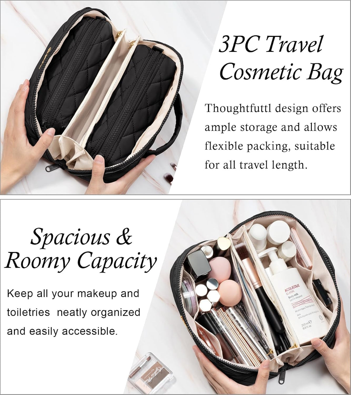 Travel Makeup Bag, 3 Pcs Large Capacity Puffy Toiletry Bag for Women, Open Flat Quilted Make up Cosmetic Organizer w/Handle & Clear Divider Water-resistant Portable Pouch Travel Essentials, L-Oatmeal